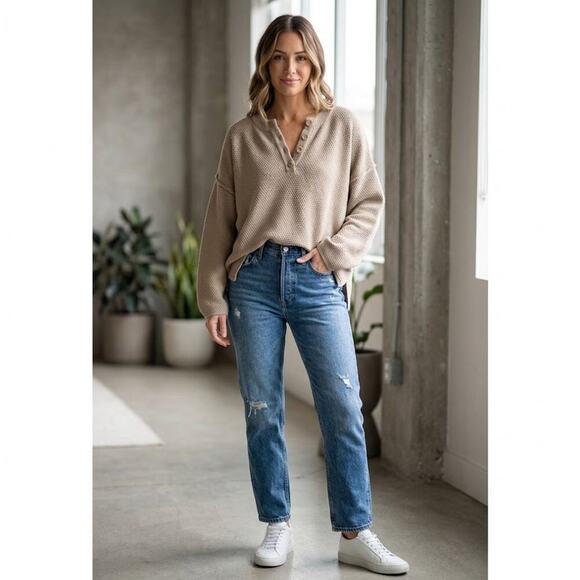 Mod Ref Sweaters - Mod Ref Catalina Waffle Knit Tan Henley Sweater Oversized Women's Size L